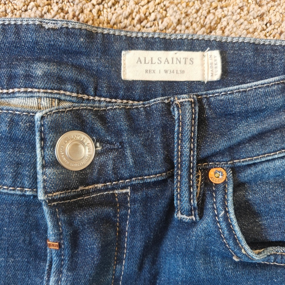 AllSaints Jeans Mens 34 Blue Rex Slim Fit Stretch Denim 5 Pocket Mid Wash ME069W - Picture 5 of 13